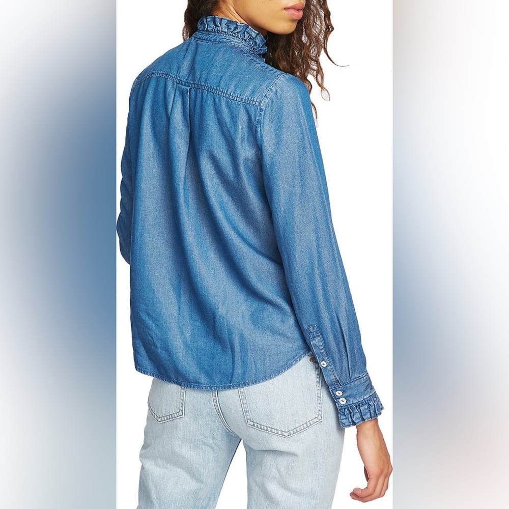 NEW COURT & ROWE Ruffle Tencel Lyocell Button-Down Shirt in Denim Blue - Picture 2 of 10